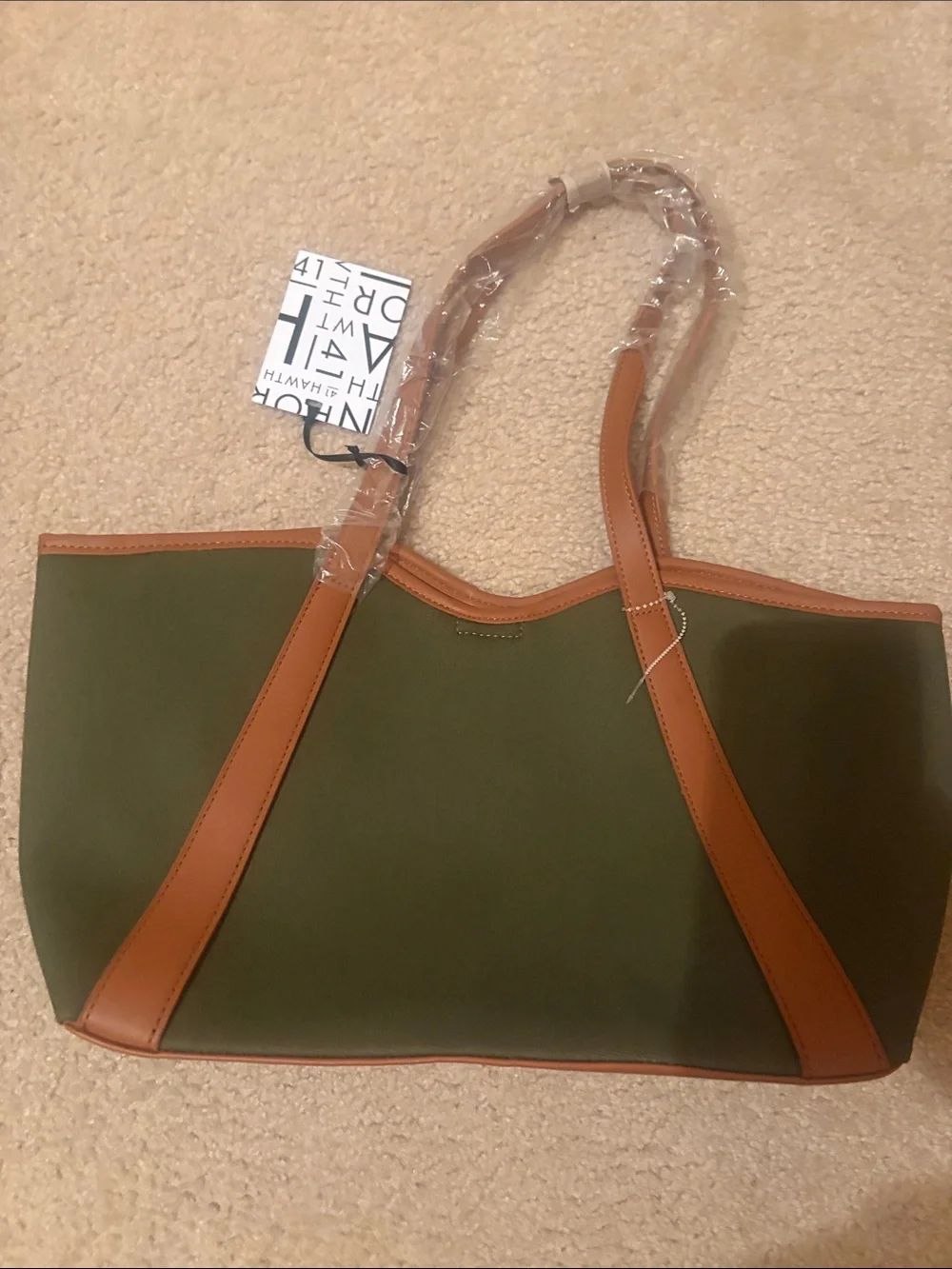 41 Hawthorne, NWT Olive Green Tote Bag with Tan Trim -